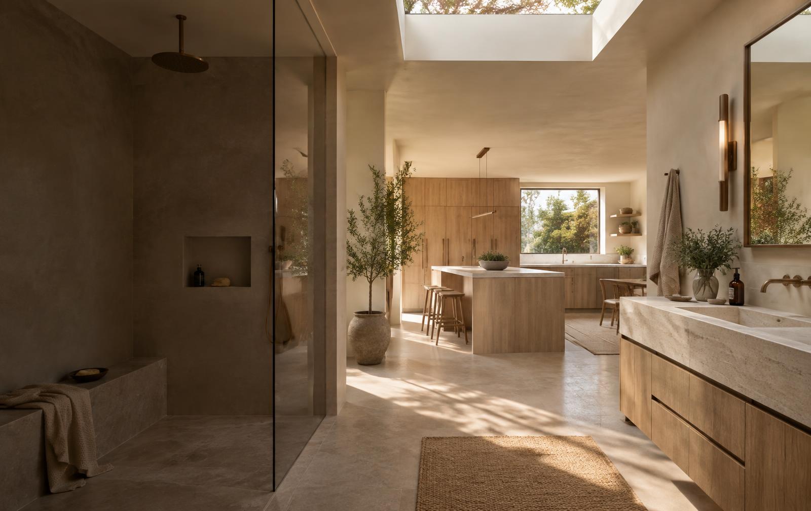 Warm, modern kitchen and bathroom renovation